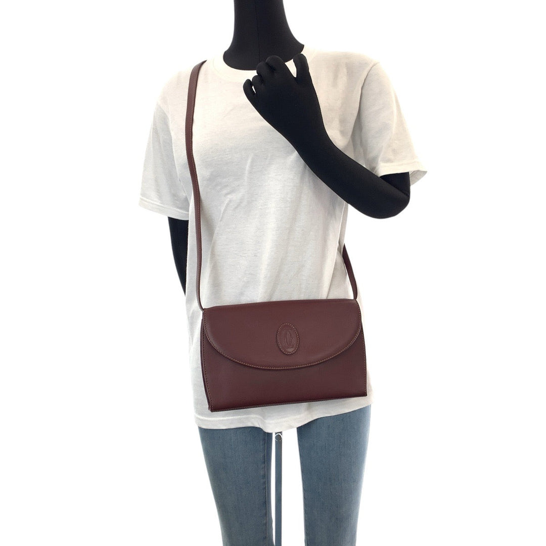 CARTIER Shoulder Bag leather Wine Red Bordeaux Gold Metal Shoulder Bag pochette Must Line Women Used Authentic