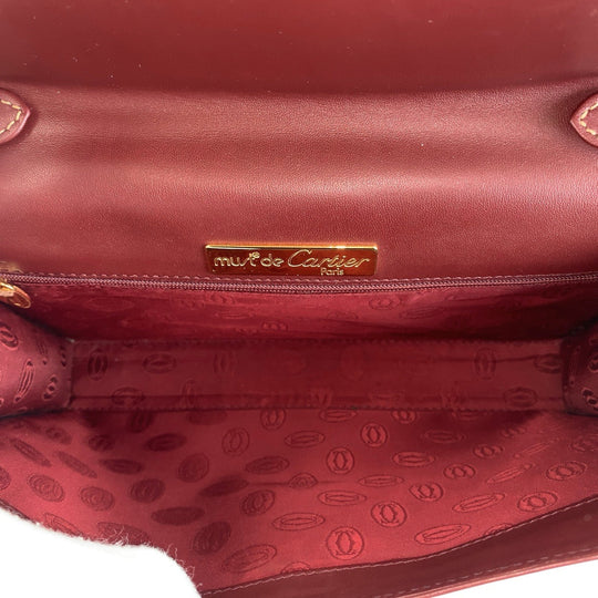 CARTIER Shoulder Bag leather Wine Red Bordeaux Gold Metal Shoulder Bag pochette Must Line Women Used Authentic