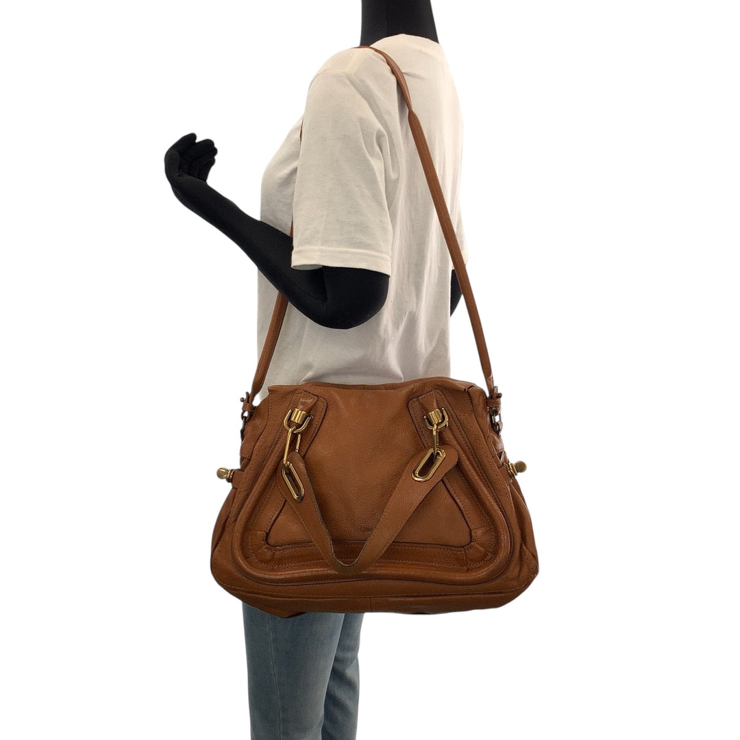 Chloe Shoulder Bag leather Brown Gold Metal Shoulder Bag Handbag 2way Paraty Women Used Authentic