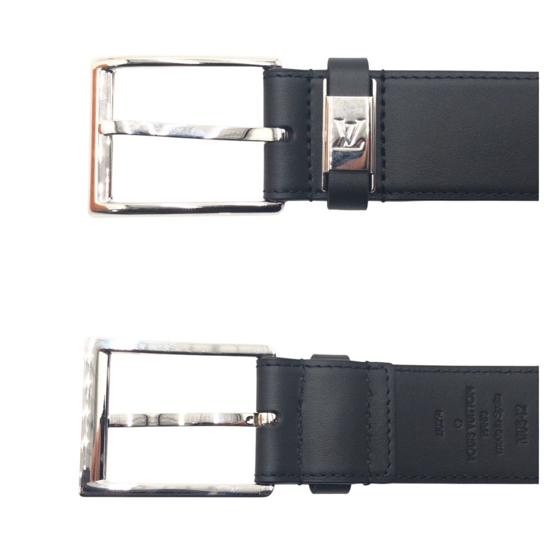 LOUIS VUITTON belt M0542 leather Black Silver LV City Pin mens Used Authentic
