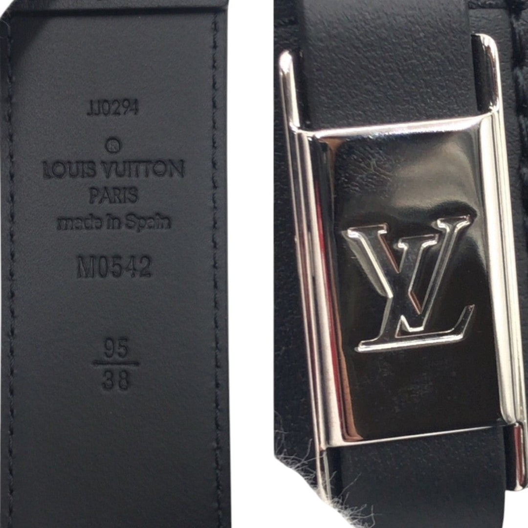 LOUIS VUITTON belt M0542 leather Black Silver LV City Pin mens Used Authentic