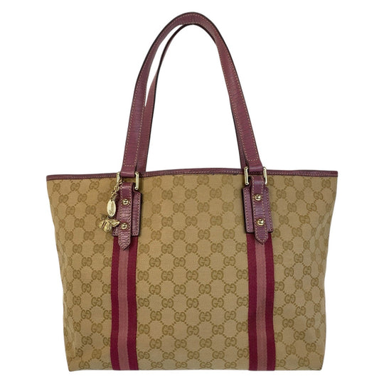 GUCCI Tote Bag 139260 GG canvas Beige Pink Gold Metal Tote Bag Shoulder Bag Sherry line Women Used Authentic