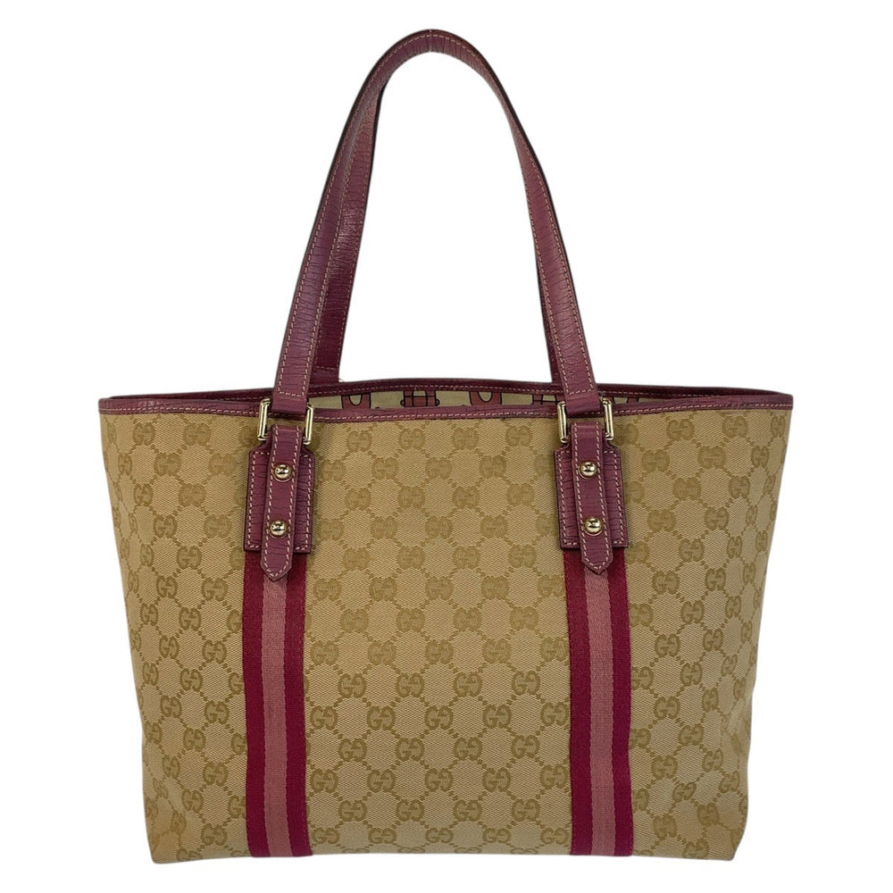 GUCCI Tote Bag 139260 GG canvas Beige Pink Gold Metal Tote Bag Shoulder Bag Sherry line Women Used Authentic