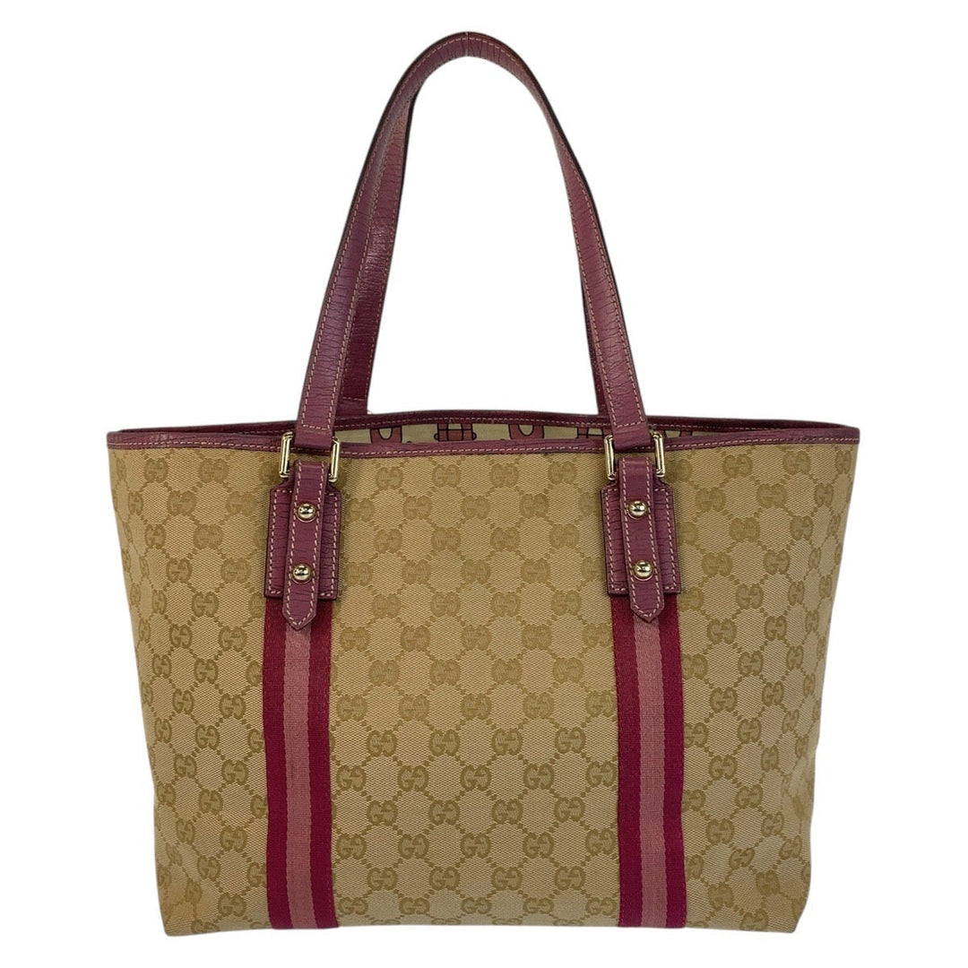 GUCCI Tote Bag 139260 GG canvas Beige Pink Gold Metal Tote Bag Shoulder Bag Sherry line Women Used Authentic