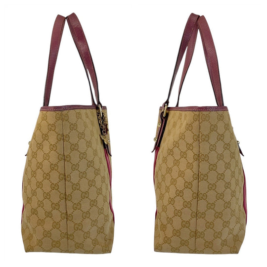 GUCCI Tote Bag 139260 GG canvas Beige Pink Gold Metal Tote Bag Shoulder Bag Sherry line Women Used Authentic