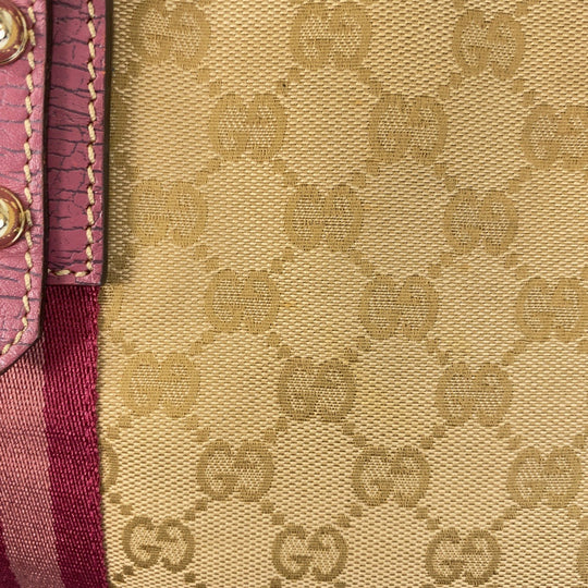 GUCCI Tote Bag 139260 GG canvas Beige Pink Gold Metal Tote Bag Shoulder Bag Sherry line Women Used Authentic