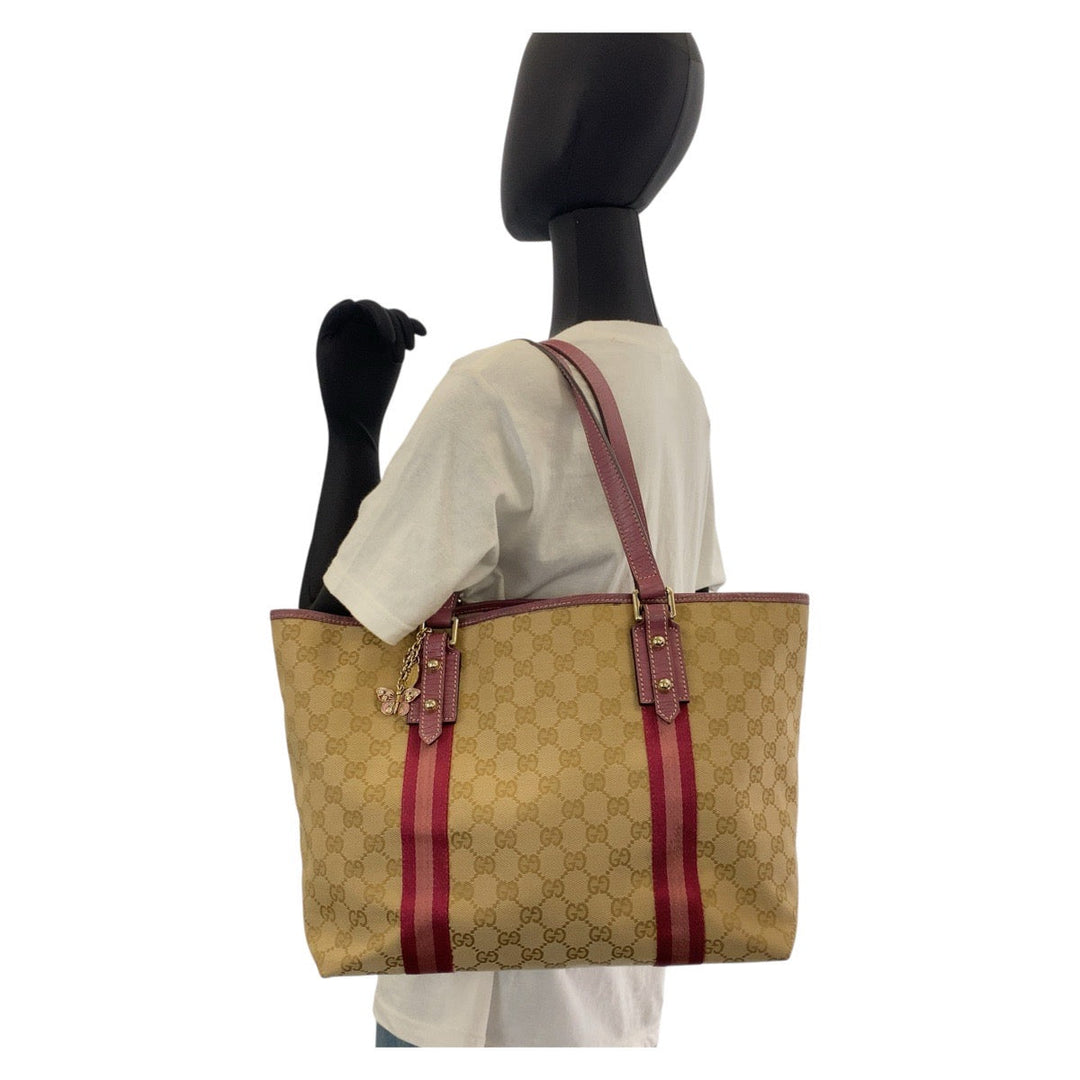 GUCCI Tote Bag 139260 GG canvas Beige Pink Gold Metal Tote Bag Shoulder Bag Sherry line Women Used Authentic