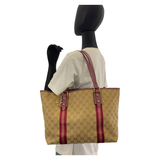 GUCCI Tote Bag 139260 GG canvas Beige Pink Gold Metal Tote Bag Shoulder Bag Sherry line Women Used Authentic