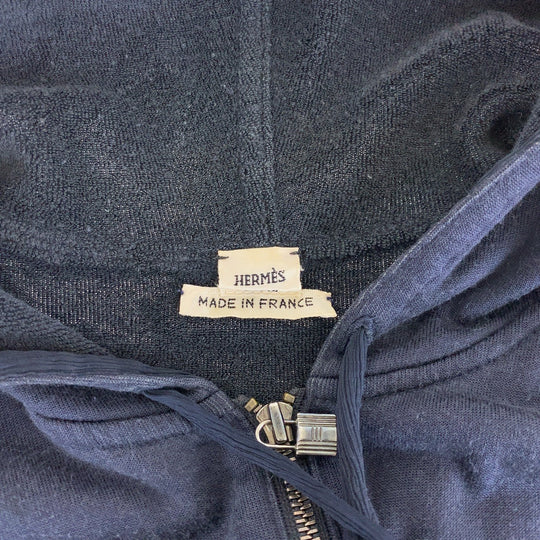 HERMES Hoodie Cotton, Silk Navy SilverMetal Zip-up Hoodie Unisex Women 38 Used Authentic