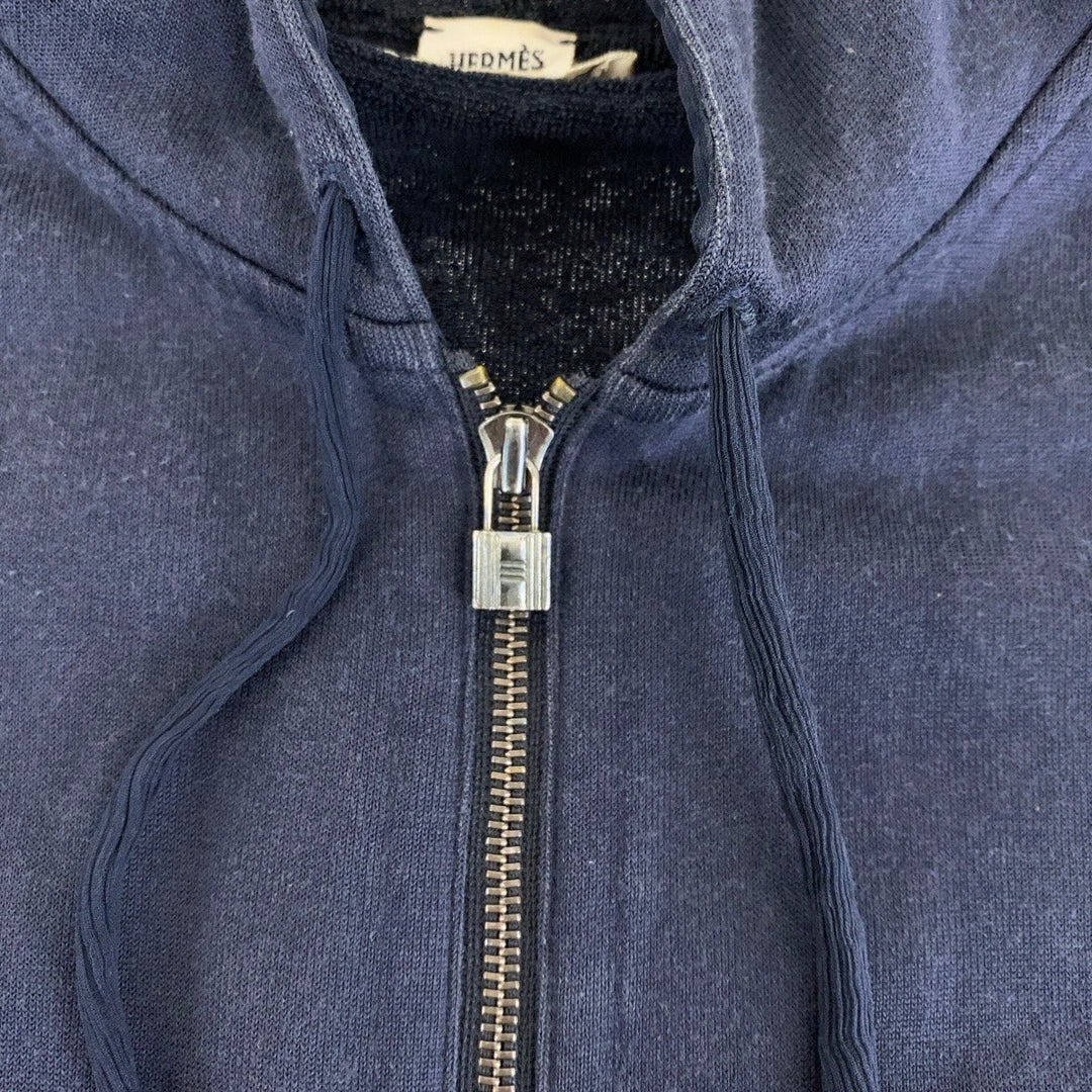 HERMES Hoodie Cotton, Silk Navy SilverMetal Zip-up Hoodie Unisex Women 38 Used Authentic