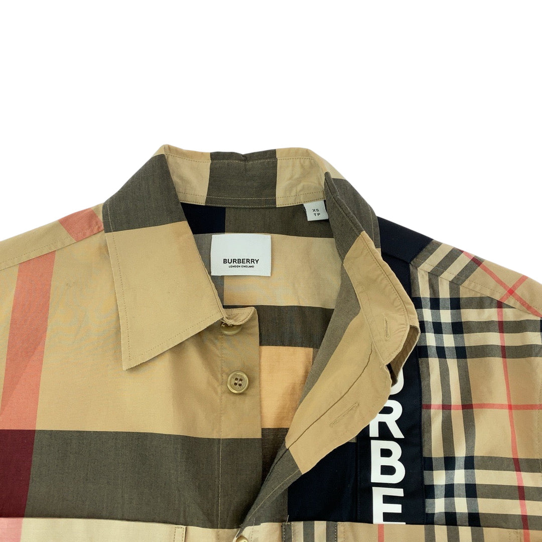 BURBERRY Long sleeve shirt cotton Brown multicolor Long sleeve shirt Check Pattern Logo print patchwork mens XS Used Authentic