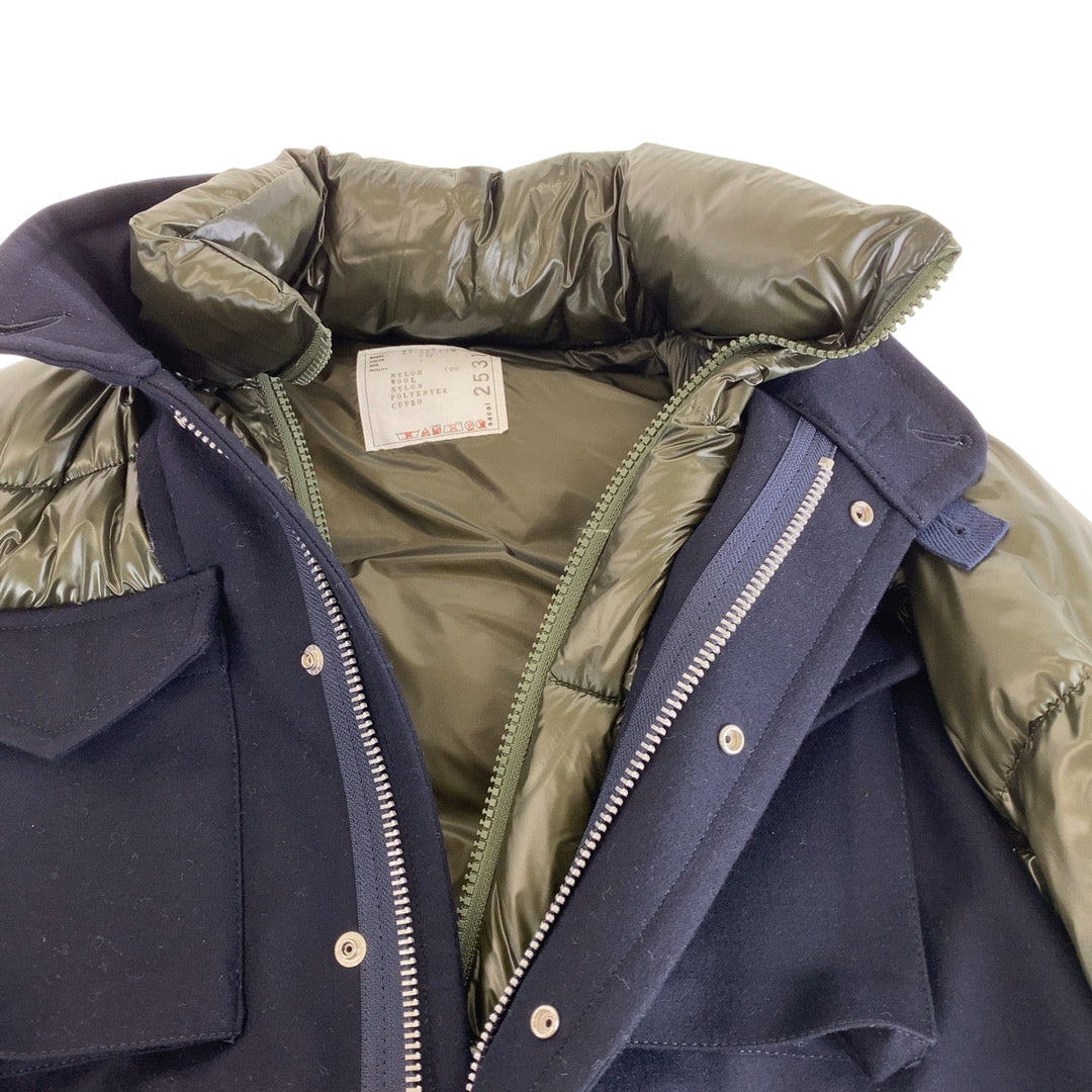 Sacai Down jacket 20 0253M Nylon, Wool Khaki Navy SilverMetal Down Jacket Puffer Jacket Shinsaibashi Parco exclusive mens 1 Used Authentic