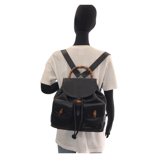 GUCCI Backpack 003 2058 0016 leather Black Gold Metal Backpack Backpack Bamboo Women Used Authentic