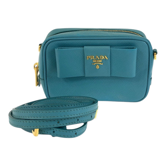 PRADA Shoulder Bag leather Light Blue Gold Metal Shoulder Bag pochette Safiano Women Used Authentic