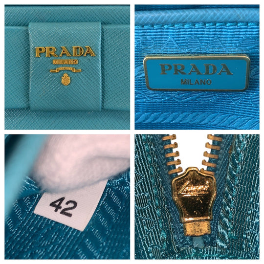 PRADA Shoulder Bag leather Light Blue Gold Metal Shoulder Bag pochette Safiano Women Used Authentic