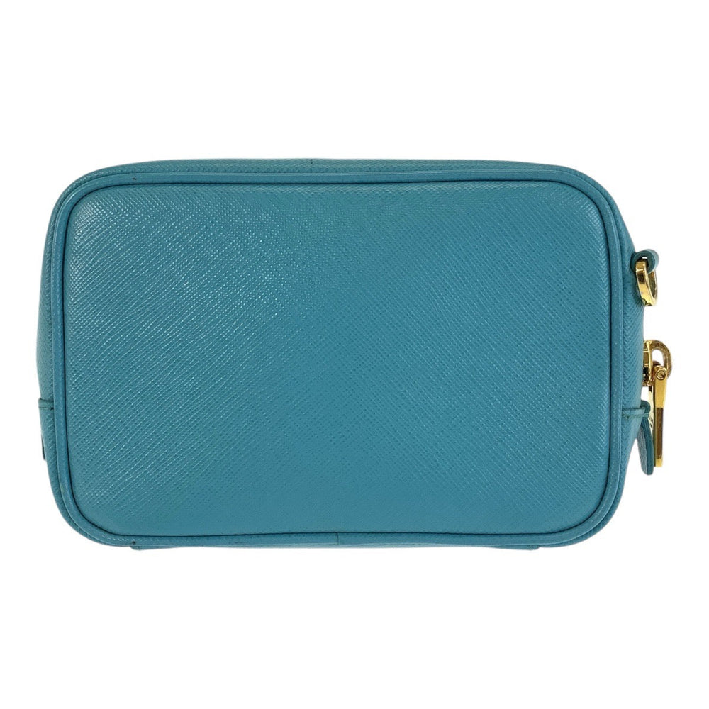 PRADA Shoulder Bag leather Light Blue Gold Metal Shoulder Bag pochette Safiano Women Used Authentic
