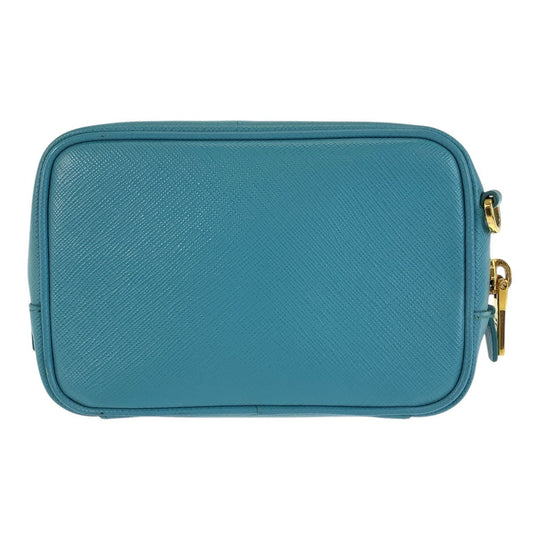 PRADA Shoulder Bag leather Light Blue Gold Metal Shoulder Bag pochette Safiano Women Used Authentic