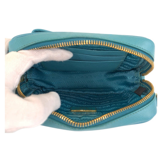 PRADA Shoulder Bag leather Light Blue Gold Metal Shoulder Bag pochette Safiano Women Used Authentic