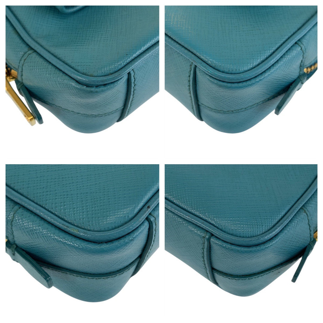 PRADA Shoulder Bag leather Light Blue Gold Metal Shoulder Bag pochette Safiano Women Used Authentic
