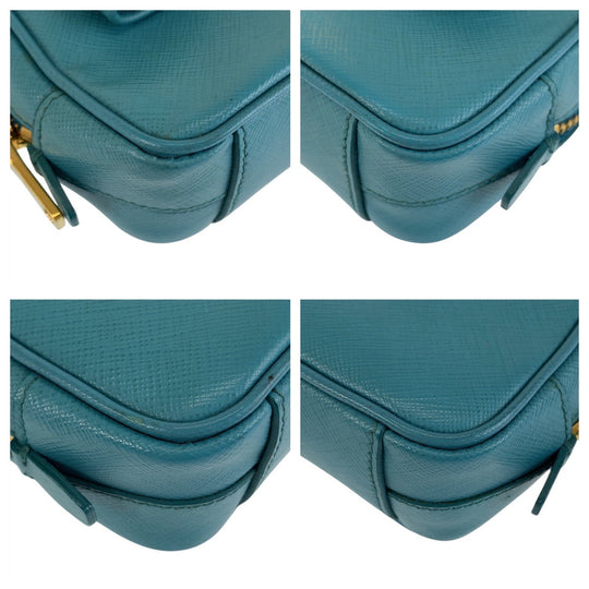 PRADA Shoulder Bag leather Light Blue Gold Metal Shoulder Bag pochette Safiano Women Used Authentic