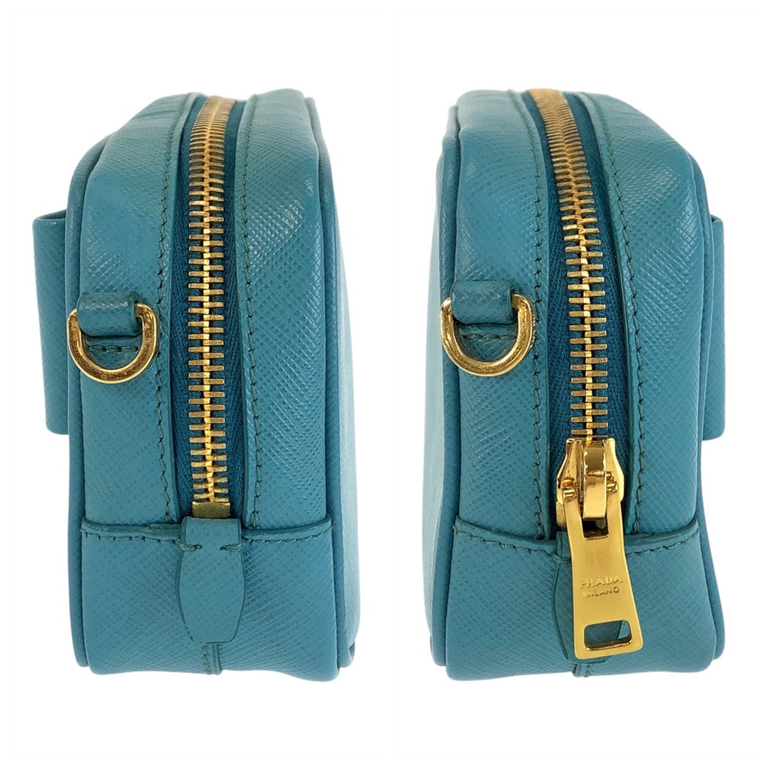 PRADA Shoulder Bag leather Light Blue Gold Metal Shoulder Bag pochette Safiano Women Used Authentic