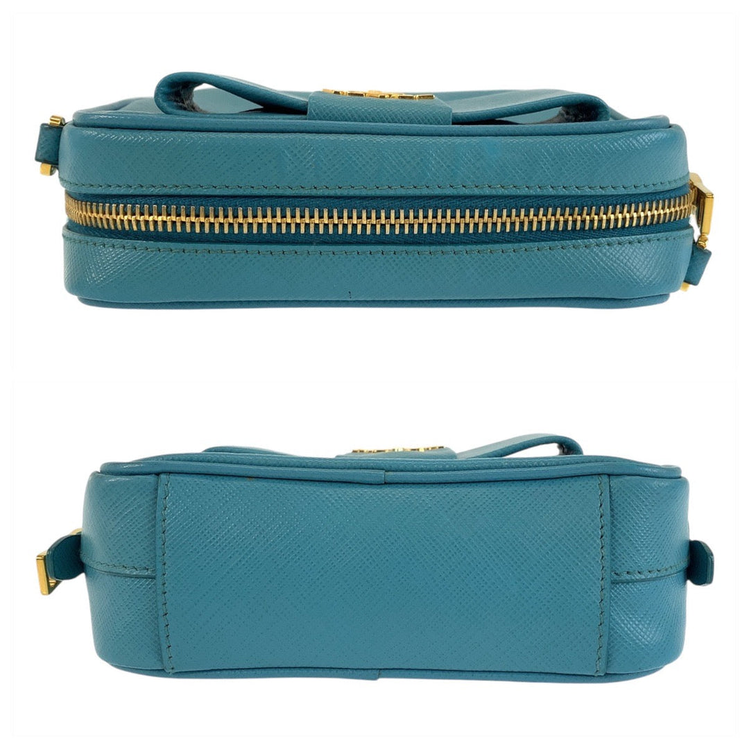 PRADA Shoulder Bag leather Light Blue Gold Metal Shoulder Bag pochette Safiano Women Used Authentic