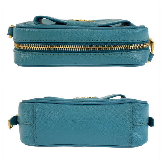 PRADA Shoulder Bag leather Light Blue Gold Metal Shoulder Bag pochette Safiano Women Used Authentic