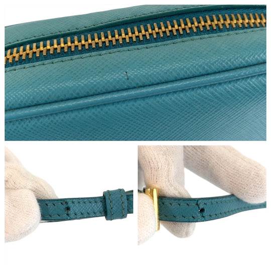 PRADA Shoulder Bag leather Light Blue Gold Metal Shoulder Bag pochette Safiano Women Used Authentic