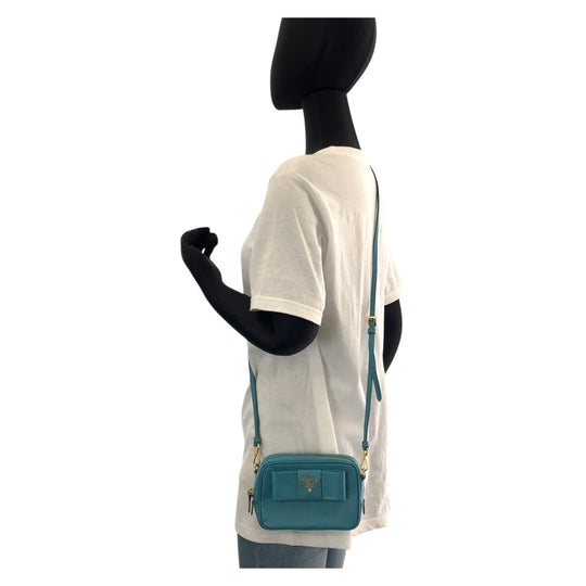 PRADA Shoulder Bag leather Light Blue Gold Metal Shoulder Bag pochette Safiano Women Used Authentic