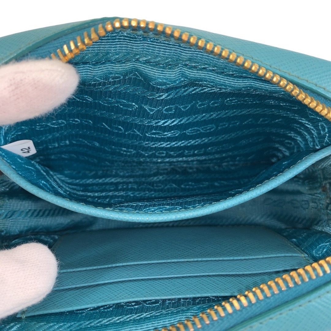 PRADA Shoulder Bag leather Light Blue Gold Metal Shoulder Bag pochette Safiano Women Used Authentic
