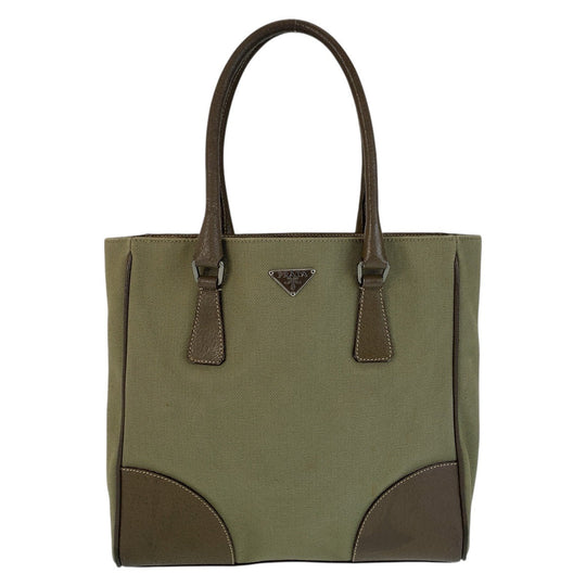 PRADA Tote Bag Canvas, Leather Khaki Brown SilverMetal Tote Bag Shoulder Bag Triangle With logo Women Used Authentic