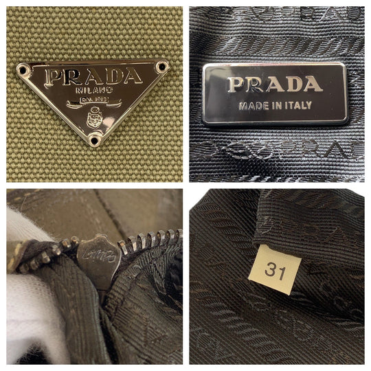 PRADA Tote Bag Canvas, Leather Khaki Brown SilverMetal Tote Bag Shoulder Bag Triangle With logo Women Used Authentic