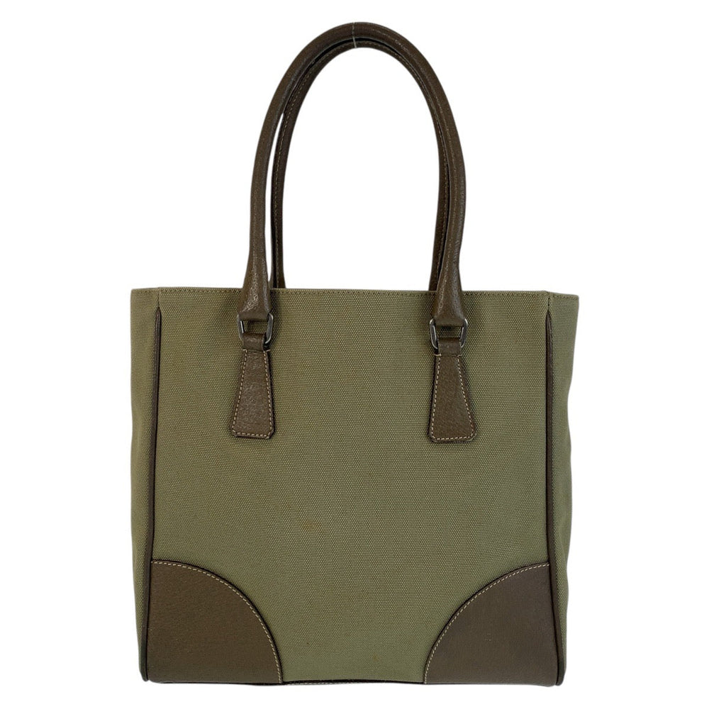 PRADA Tote Bag Canvas, Leather Khaki Brown SilverMetal Tote Bag Shoulder Bag Triangle With logo Women Used Authentic
