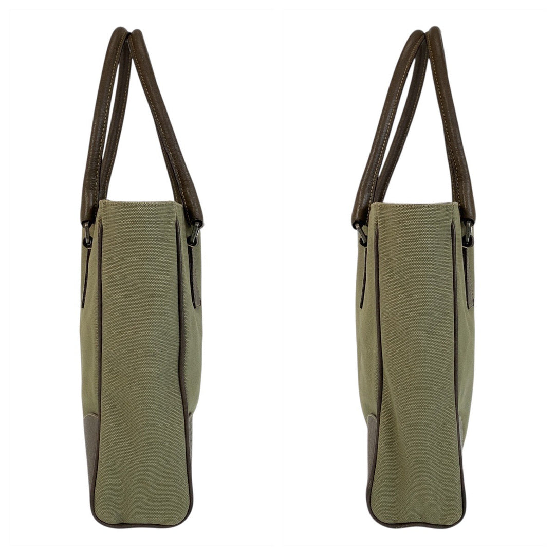 PRADA Tote Bag Canvas, Leather Khaki Brown SilverMetal Tote Bag Shoulder Bag Triangle With logo Women Used Authentic