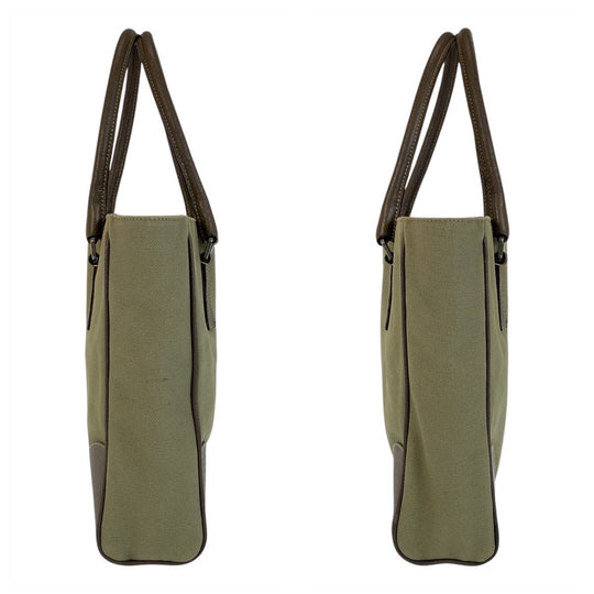 PRADA Tote Bag Canvas, Leather Khaki Brown SilverMetal Tote Bag Shoulder Bag Triangle With logo Women Used Authentic