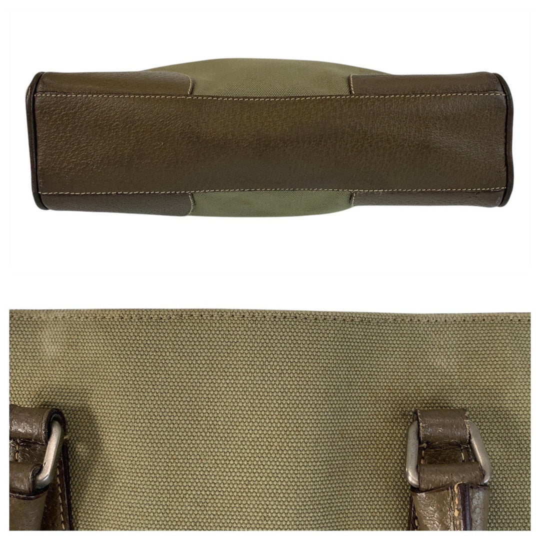 PRADA Tote Bag Canvas, Leather Khaki Brown SilverMetal Tote Bag Shoulder Bag Triangle With logo Women Used Authentic
