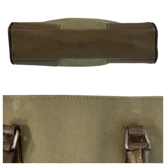 PRADA Tote Bag Canvas, Leather Khaki Brown SilverMetal Tote Bag Shoulder Bag Triangle With logo Women Used Authentic