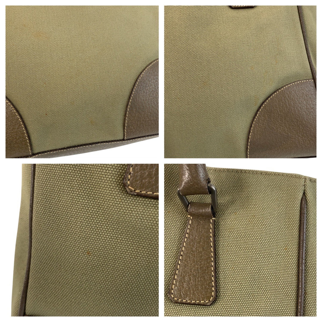 PRADA Tote Bag Canvas, Leather Khaki Brown SilverMetal Tote Bag Shoulder Bag Triangle With logo Women Used Authentic