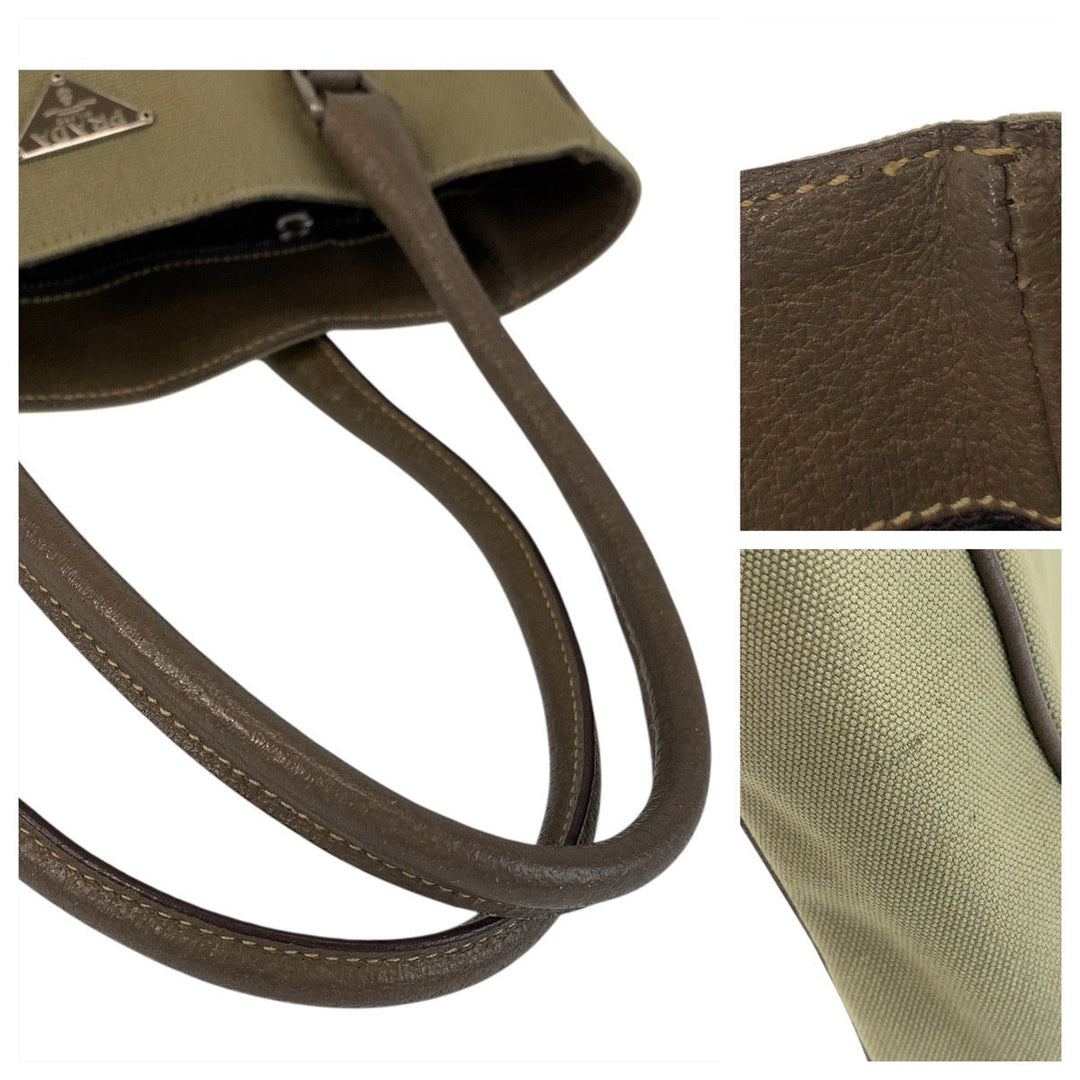 PRADA Tote Bag Canvas, Leather Khaki Brown SilverMetal Tote Bag Shoulder Bag Triangle With logo Women Used Authentic