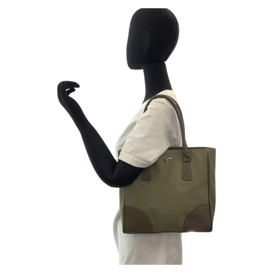 PRADA Tote Bag Canvas, Leather Khaki Brown SilverMetal Tote Bag Shoulder Bag Triangle With logo Women Used Authentic