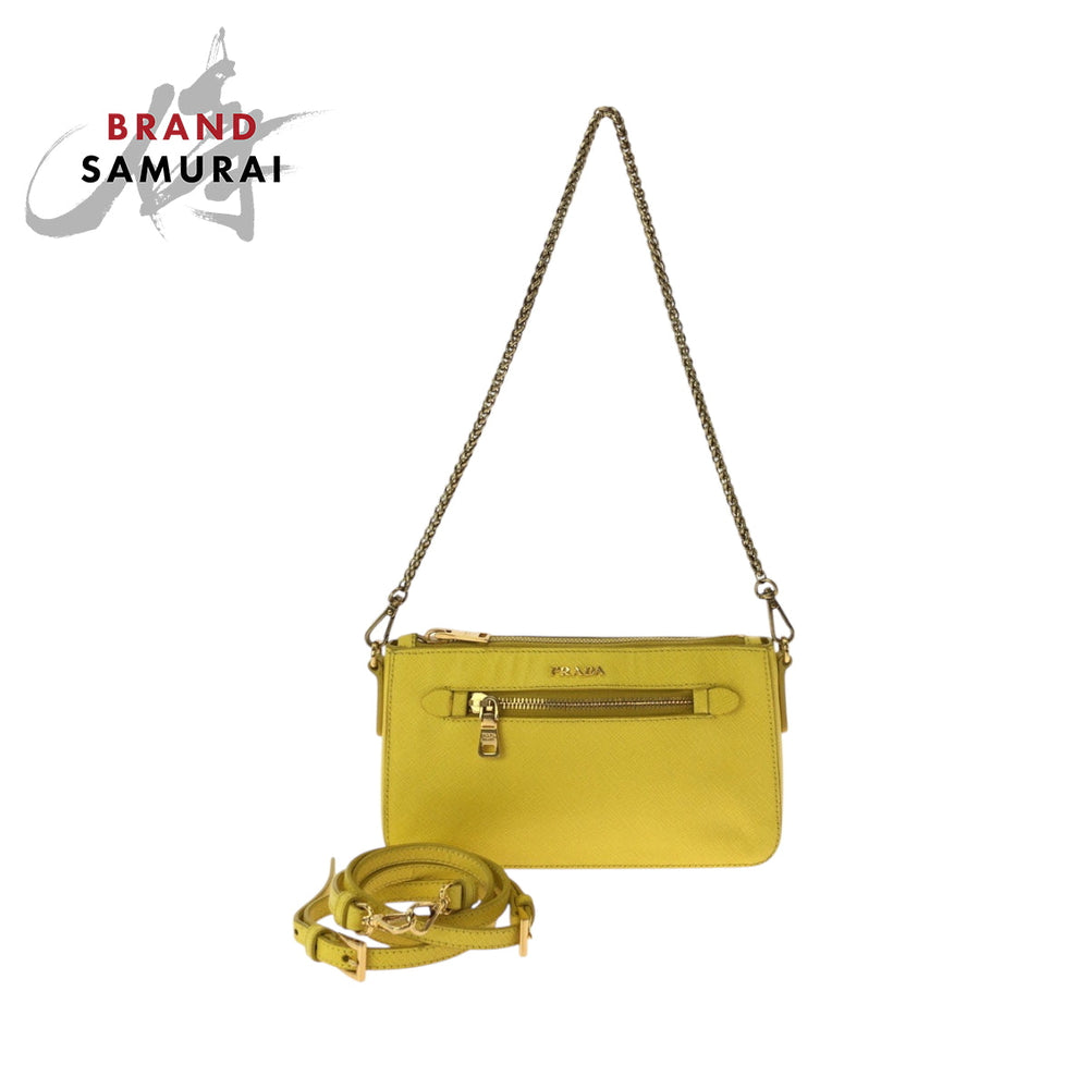 PRADA Shoulder Bag BT0834 leather Yellow Gold Metal ChainShoulder Bag Pochette Safiano Lux Women Used Authentic