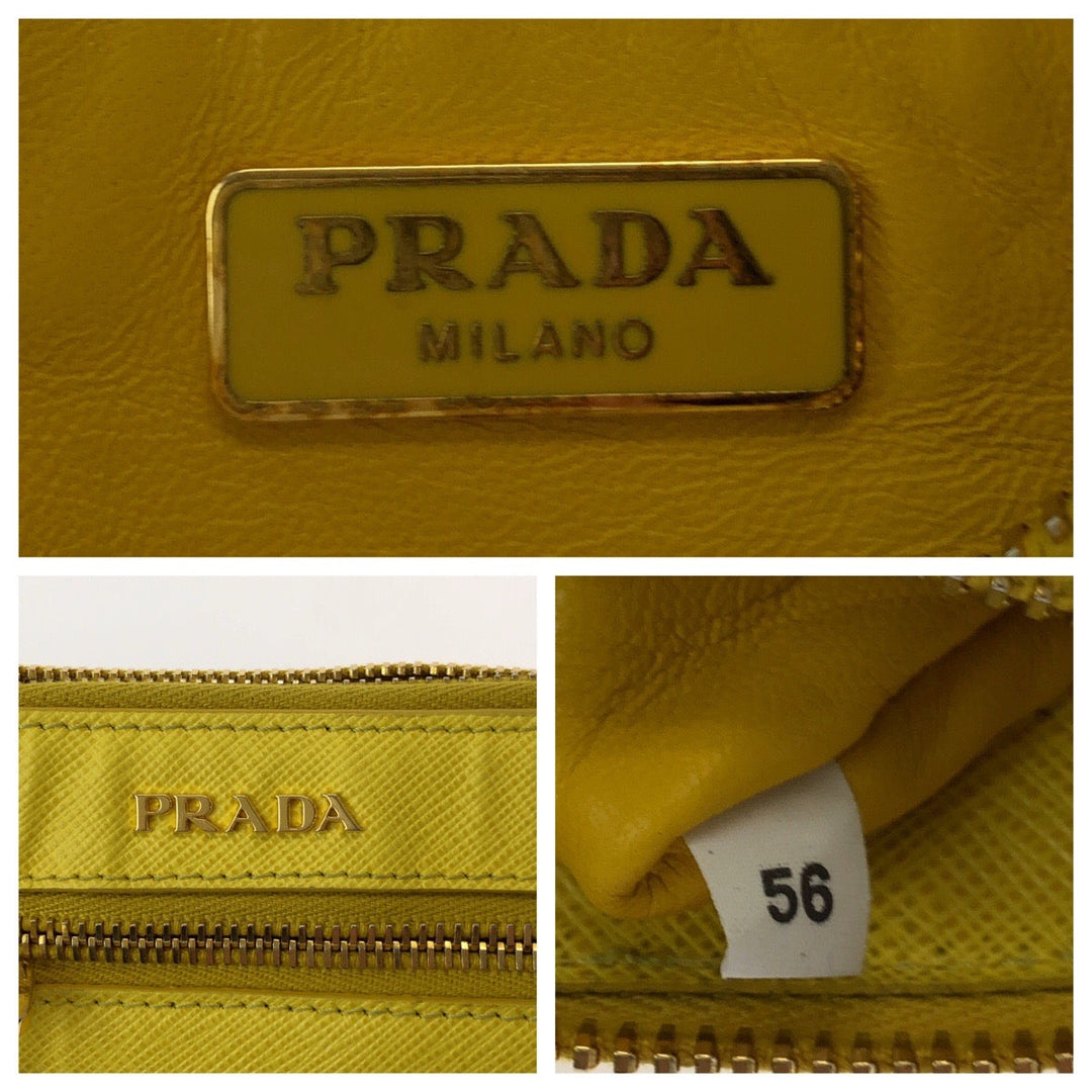 PRADA Shoulder Bag BT0834 leather Yellow Gold Metal ChainShoulder Bag Pochette Safiano Lux Women Used Authentic