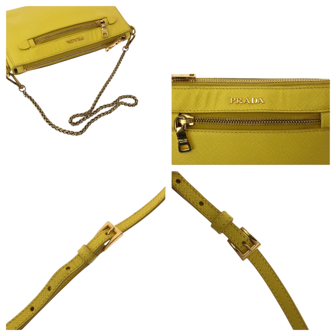 PRADA Shoulder Bag BT0834 leather Yellow Gold Metal ChainShoulder Bag Pochette Safiano Lux Women Used Authentic