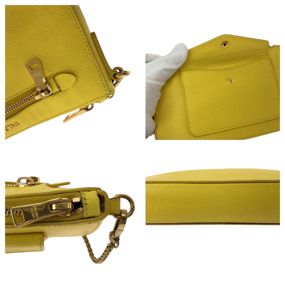 PRADA Shoulder Bag BT0834 leather Yellow Gold Metal ChainShoulder Bag Pochette Safiano Lux Women Used Authentic
