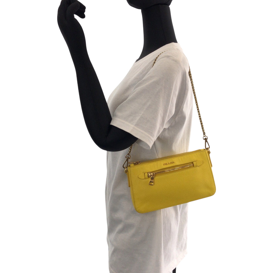 PRADA Shoulder Bag BT0834 leather Yellow Gold Metal ChainShoulder Bag Pochette Safiano Lux Women Used Authentic