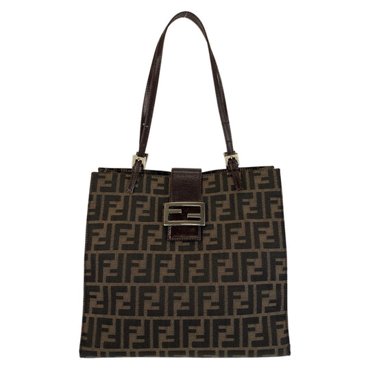 FENDI Tote Bag Canvas, Leather Brown Silver Metal Tote Bag Shoulder Bag Zucca Women Used Authentic