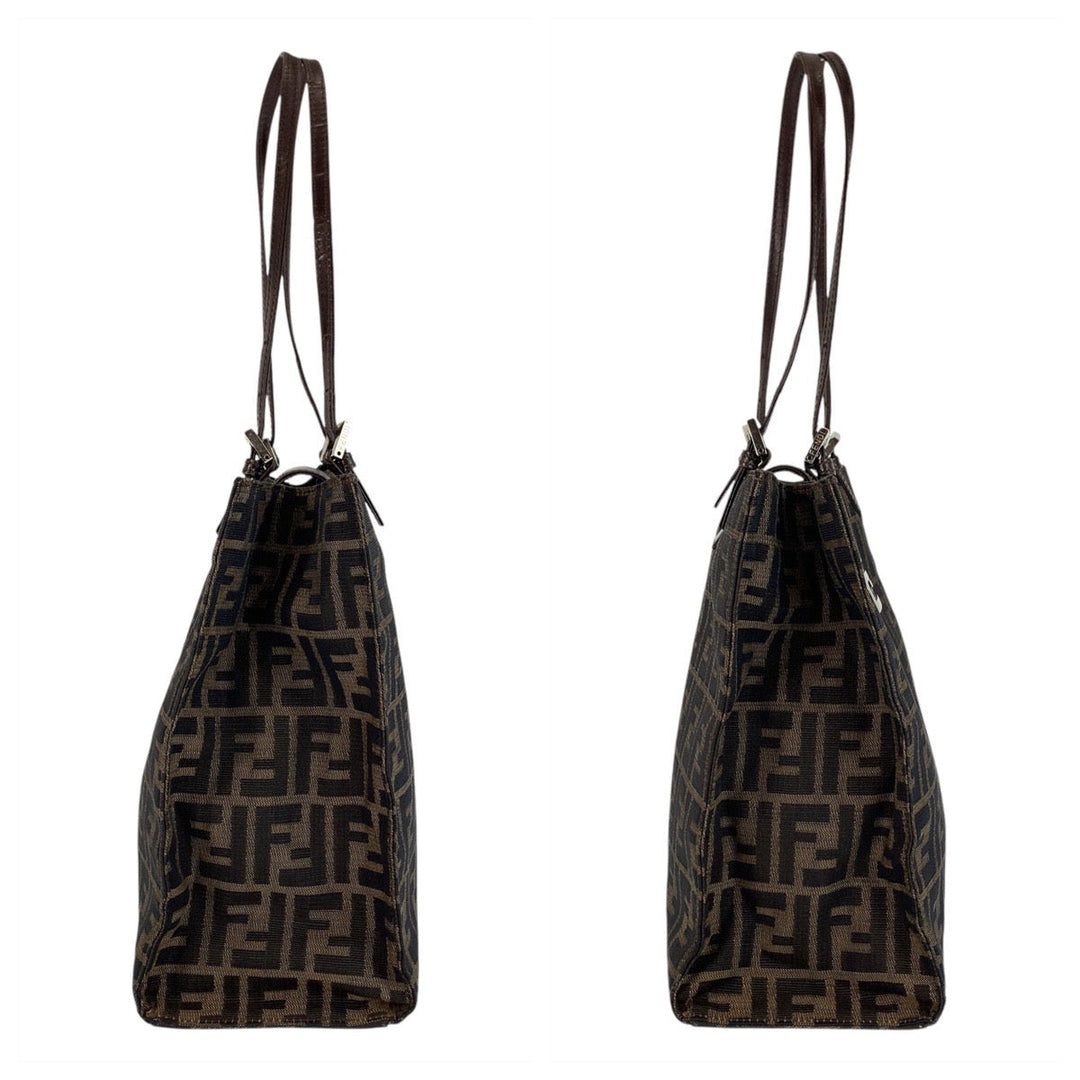 FENDI Tote Bag Canvas, Leather Brown Silver Metal Tote Bag Shoulder Bag Zucca Women Used Authentic