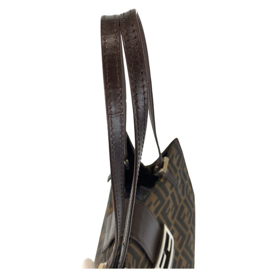 FENDI Tote Bag Canvas, Leather Brown Silver Metal Tote Bag Shoulder Bag Zucca Women Used Authentic