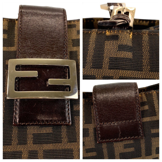 FENDI Tote Bag Canvas, Leather Brown Silver Metal Tote Bag Shoulder Bag Zucca Women Used Authentic