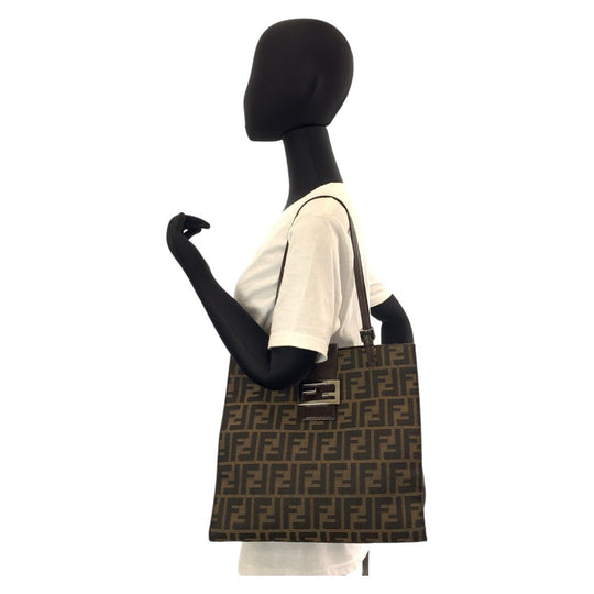 FENDI Tote Bag Canvas, Leather Brown Silver Metal Tote Bag Shoulder Bag Zucca Women Used Authentic